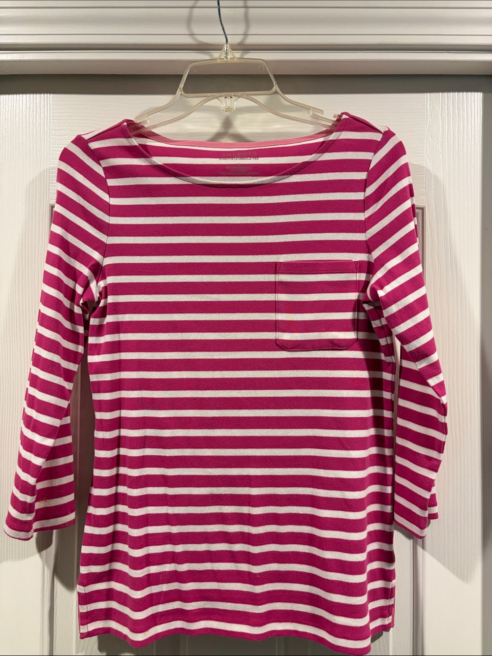 Talbots Women’s Pink and White Striped Long-Sleeve Pocket Top size S